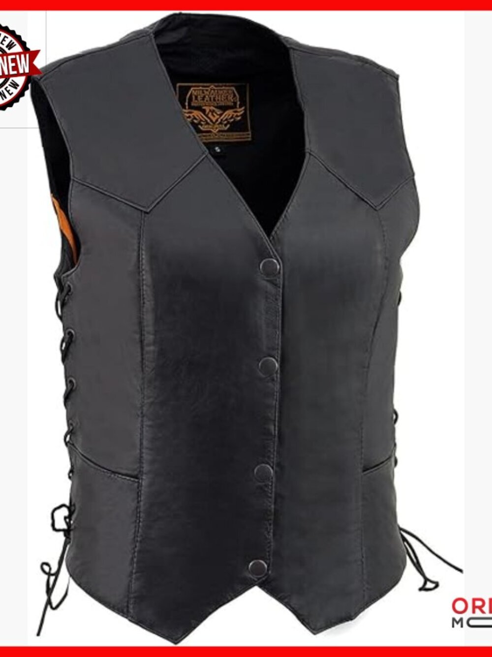 Women's Leather Motorcycle Vest with Snap Closure and Side Laces